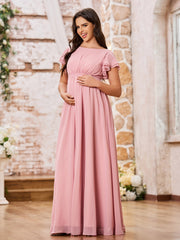 Empire Flutter Sleeves Floor Length Maxi Chiffon Dresses Dusty Rose