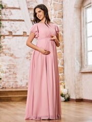 Empire Flutter Sleeves Floor Length Maxi Chiffon Dresses Dusty Rose