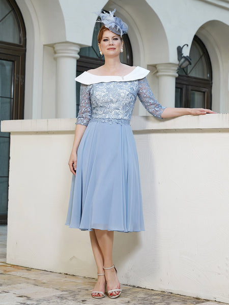 blue tea length wedding dress BABARONI Slimming Two-Tone Mother of the Bride Dress