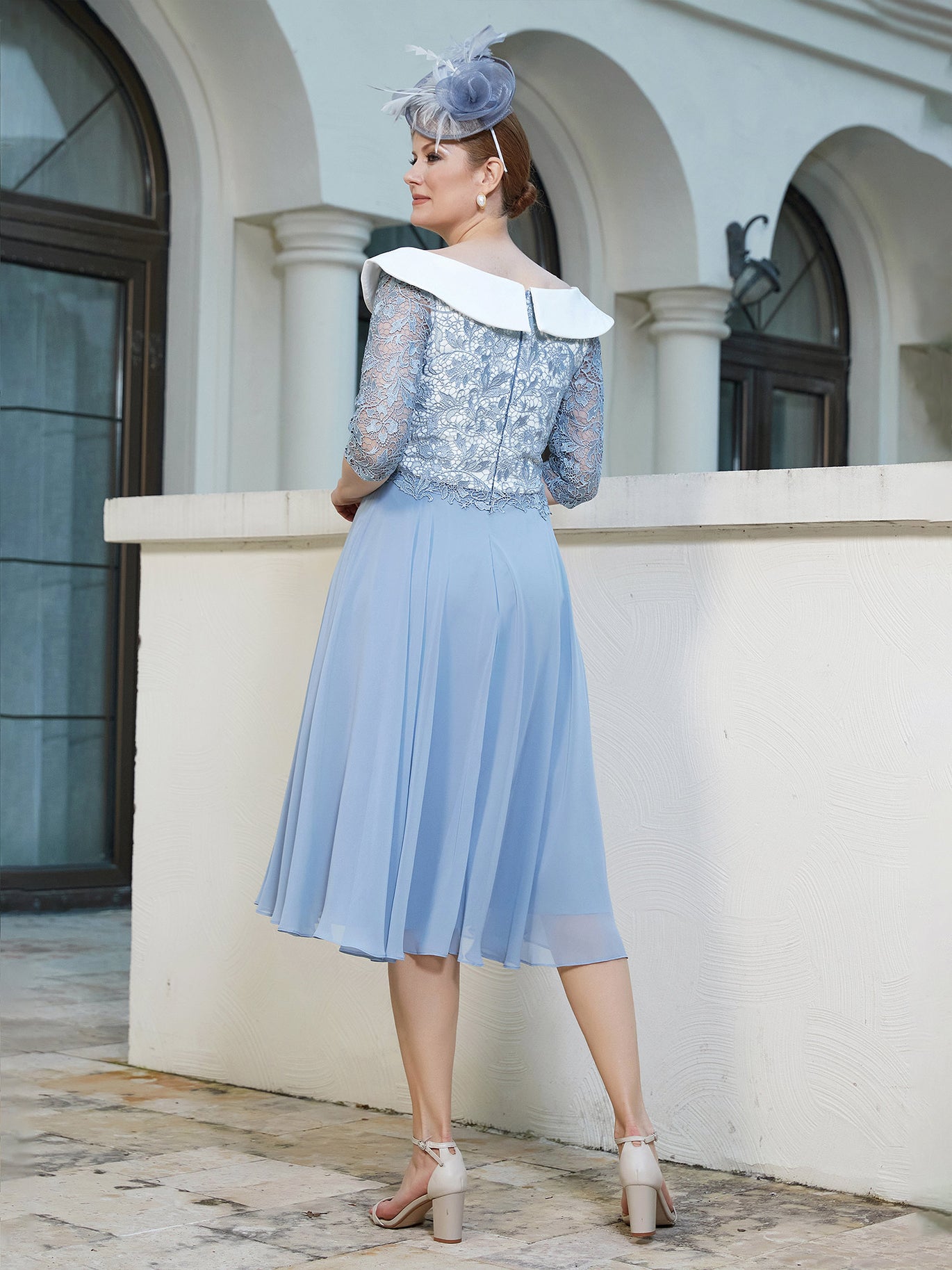BABARONI Slimming Two-Tone Mother of the Bride Dress - Elegant Tea-Length Chiffon & Lace Gown with A-Line Silhouette BABARONI Slimming Two-Tone Mother of the Bride Dress - Elegant Tea-Length Chiffon & Lace Gown with A-Line Silhouette