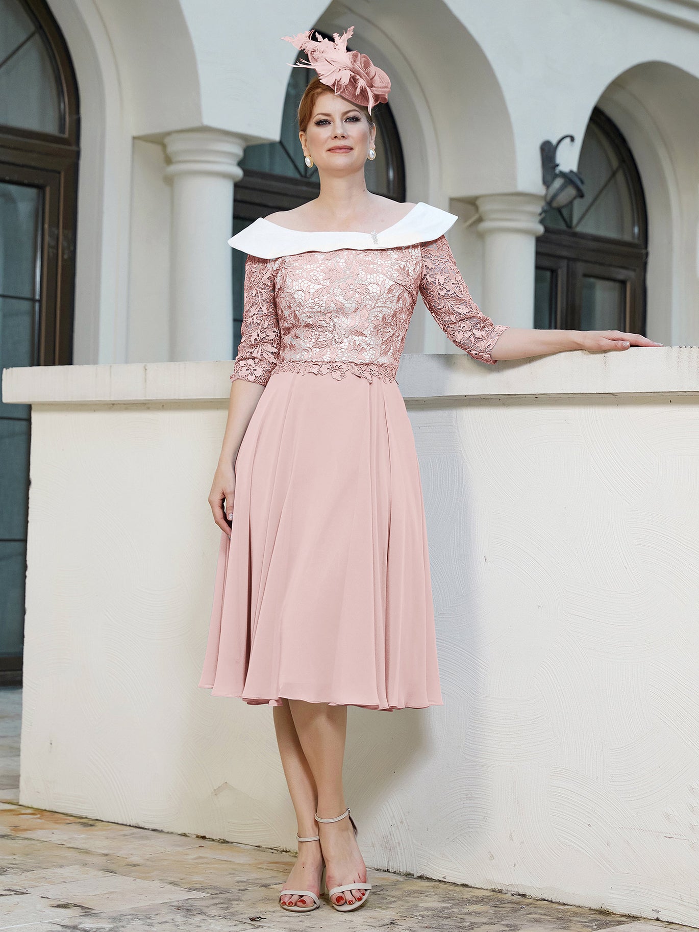 BABARONI Chiffon Dusty Rose Mother of the Bride Dresses A-line Scoop Elbow  Sleeve Lace Applique Tea-length