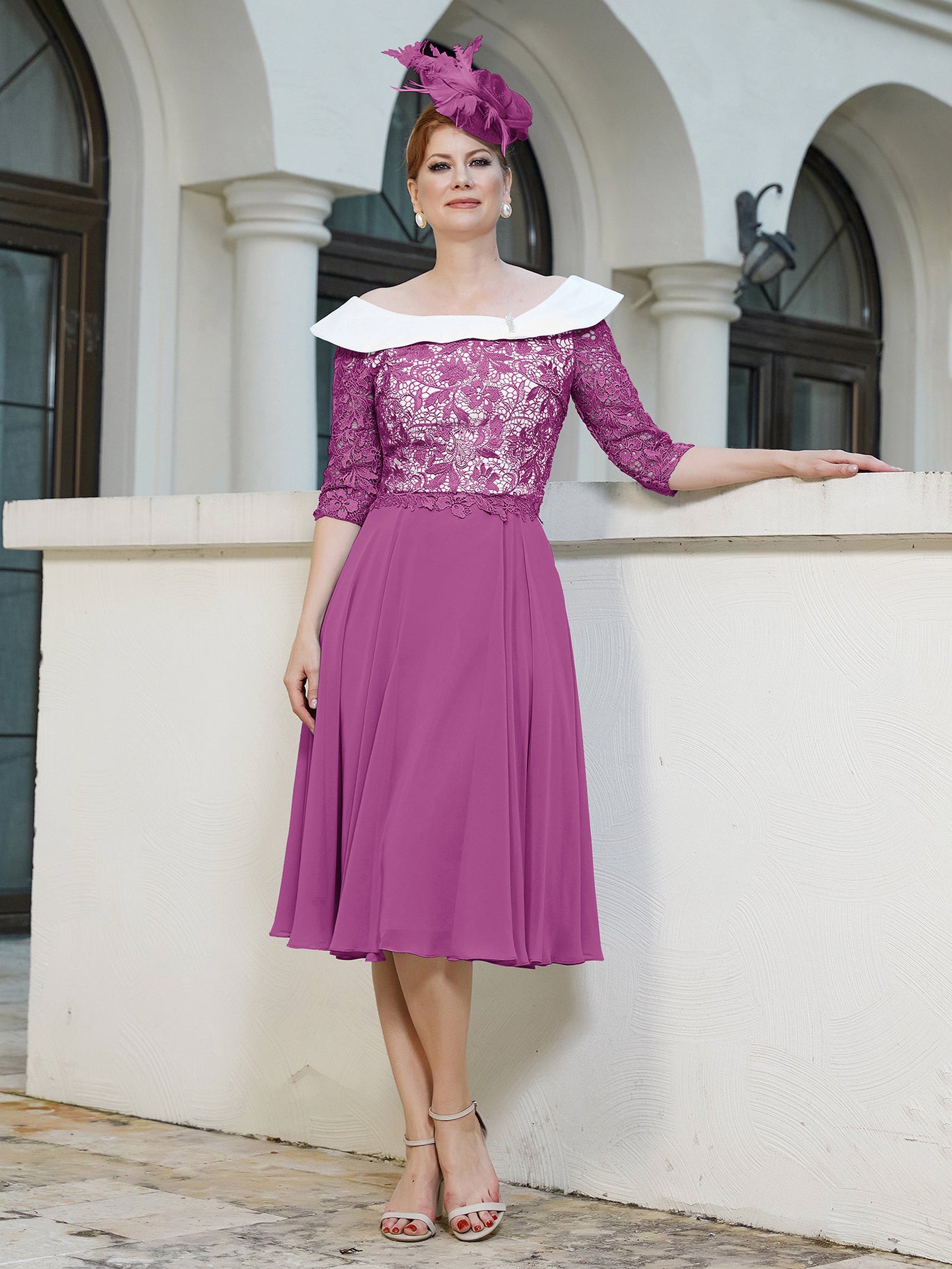 BABARONI Chiffon Orchid Mother of the Bride Dresses A-line Scoop Elbow  Sleeve Lace Applique Tea-length