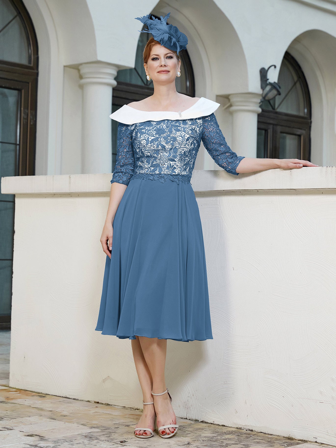 BABARONI Slimming Two-Tone Mother of the Bride Dress - Elegant Tea-Length Chiffon & Lace Gown with A-Line Silhouette BABARONI Slimming Two-Tone Mother of the Bride Dress - Elegant Tea-Length Chiffon & Lace Gown with A-Line Silhouette