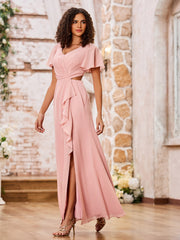 V-neck Cap Sleeves Open Back Maxi Dresses with Slit Dusty Rose