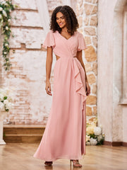 V-neck Cap Sleeves Open Back Maxi Dresses with Slit Dusty Rose