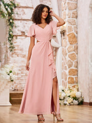 V-neck Cap Sleeves Open Back Maxi Dresses with Slit Dusty Rose