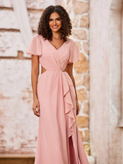 V-neck Cap Sleeves Open Back Maxi Dresses with Slit Dusty Rose