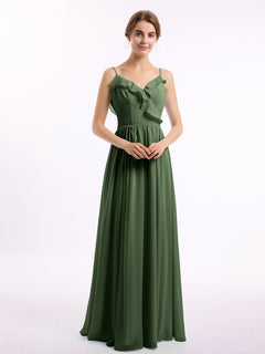 Spaghetti Strap Chiffon Bridesmaid Gowns with V-neck-Olive Green