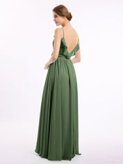 Spaghetti Strap Chiffon Bridesmaid Gowns with V-neck-Olive Green Plus Size