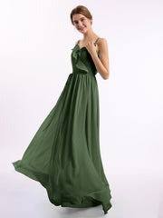 Spaghetti Strap Chiffon Bridesmaid Gowns with V-neck-Olive Green Plus Size