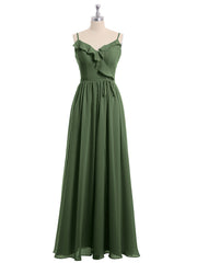 Spaghetti Strap Chiffon Bridesmaid Gowns with V-neck-Olive Green Plus Size