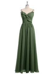 Spaghetti Strap Chiffon Bridesmaid Gowns with V-neck-Olive Green