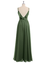 Spaghetti Strap Chiffon Bridesmaid Gowns with V-neck-Olive Green Plus Size
