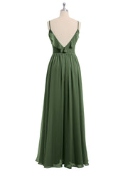 Spaghetti Strap Chiffon Bridesmaid Gowns with V-neck-Olive Green