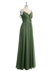 Spaghetti Strap Chiffon Bridesmaid Gowns with V-neck-Olive Green Plus Size