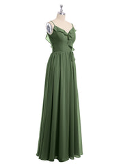 Spaghetti Strap Chiffon Bridesmaid Gowns with V-neck-Olive Green