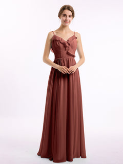 Spaghetti Strap Chiffon Bridesmaid Gowns with V-neck-Terracotta