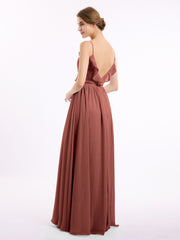 Spaghetti Strap Chiffon Bridesmaid Gowns with V-neck-Terracotta Plus Size
