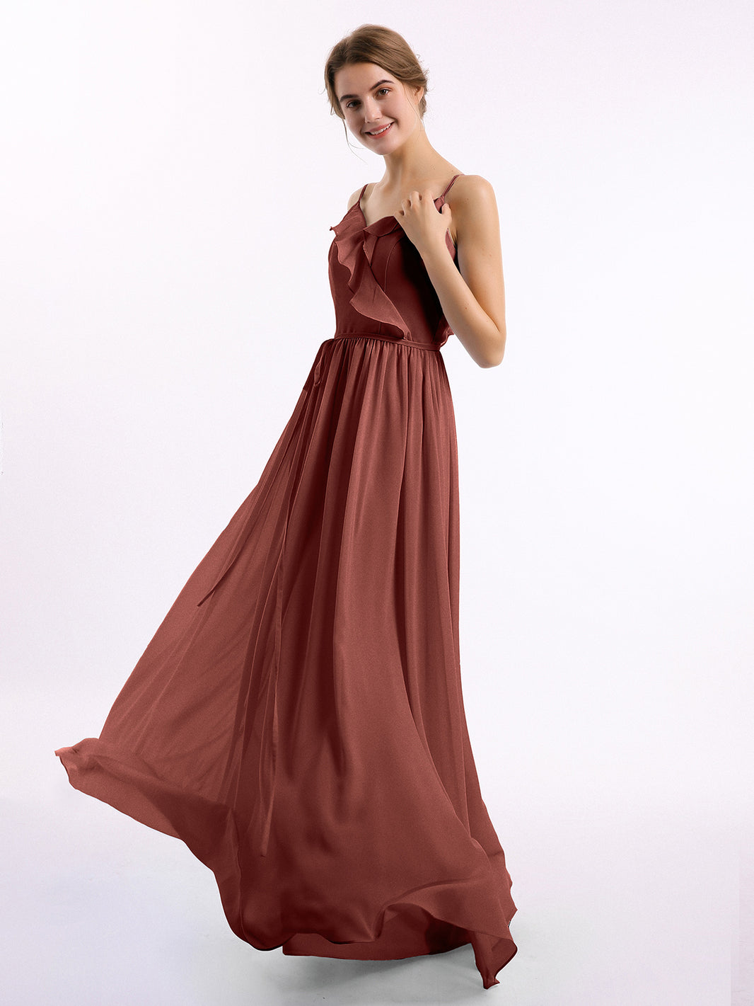 BABARONI Spaghetti Strap Chiffon Bridesmaid Gowns with V-neck-Terracotta Plus Size, Terracotta / US18 BABARONI Spaghetti Strap Chiffon Bridesmaid Gowns with V-neck-Terracotta Plus Size, Terracotta / US18