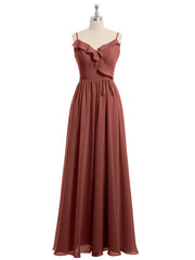 Spaghetti Strap Chiffon Bridesmaid Gowns with V-neck-Terracotta Plus Size