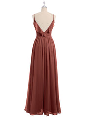 Spaghetti Strap Chiffon Bridesmaid Gowns with V-neck-Terracotta