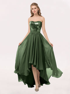 Strapless High Low Dress with Sequins Bodice-Olive Green