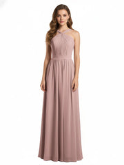 Y-neck Long Chiffon Bridesmaid Dresses-Dusty Rose