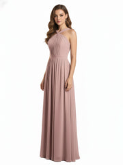 Y-neck Long Chiffon Bridesmaid Dresses-Dusty Rose