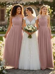 Y-neck Long Chiffon Bridesmaid Dresses-Dusty Rose