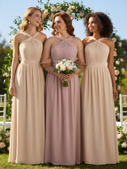 Y-neck Long Chiffon Bridesmaid Dresses-Dusty Rose