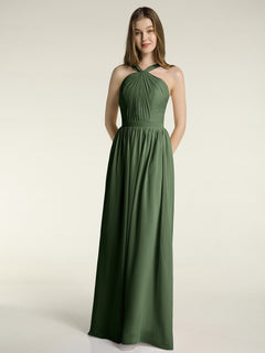 Y-neck Long Chiffon Bridesmaid Dresses-Olive Green