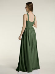 Y-neck Long Chiffon Bridesmaid Dresses-Olive Green Plus Size