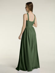 Y-neck Long Chiffon Bridesmaid Dresses-Olive Green