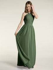 Y-neck Long Chiffon Bridesmaid Dresses-Olive Green