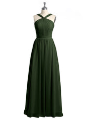 Y-neck Long Chiffon Bridesmaid Dresses-Olive Green Plus Size