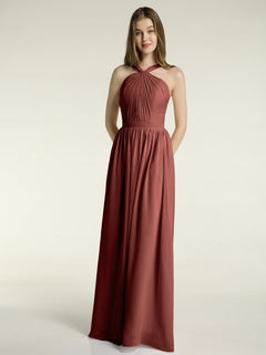 Y-neck Long Chiffon Bridesmaid Dresses-Terracotta