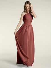 Y-neck Long Chiffon Bridesmaid Dresses-Terracotta Plus Size