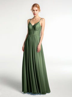 Spaghetti Straps Chiffon and Lace Dresses-Olive Green