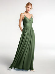Spaghetti Straps Chiffon and Lace Dresses-Olive Green