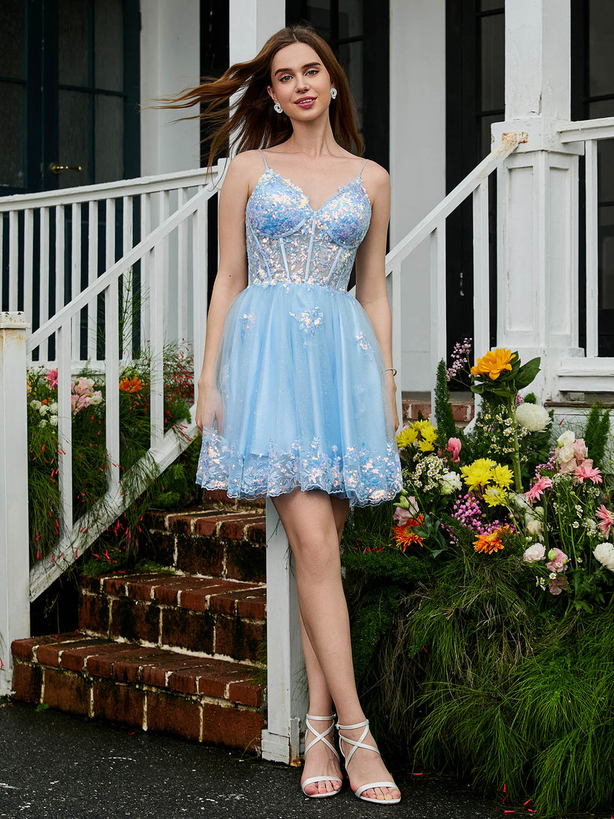 Sky Blue Sweetheart V-Neck Spaghetti-Straps Long Prom Dress