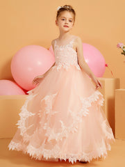 Cute Ball-Gown Flower Girl Dress with Lace Edge Hem Pearl Pink