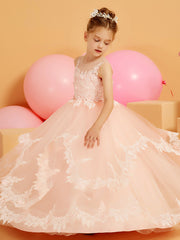 Cute Ball-Gown Flower Girl Dress with Lace Edge Hem Pearl Pink