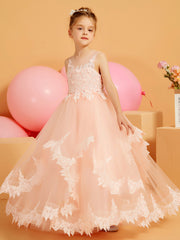 Cute Ball-Gown Flower Girl Dress with Lace Edge Hem Pearl Pink