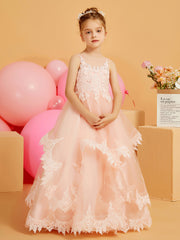 Cute Ball-Gown Flower Girl Dress with Lace Edge Hem Pearl Pink
