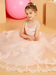 Cute Ball-Gown Flower Girl Dress with Lace Edge Hem Pearl Pink