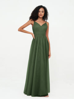 Spaghetti Straps Tulle Pleated Max Dresses-Olive Green