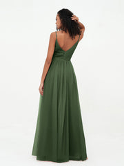 Spaghetti Straps Tulle Pleated Max Dresses-Olive Green