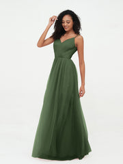 Spaghetti Straps Tulle Pleated Max Dresses-Olive Green Plus Size