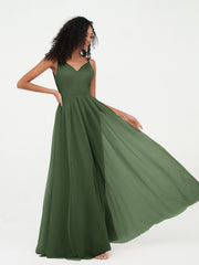 Spaghetti Straps Tulle Pleated Max Dresses-Olive Green