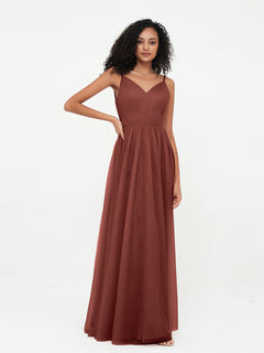 Spaghetti Straps Tulle Pleated Max Dresses-Terracotta